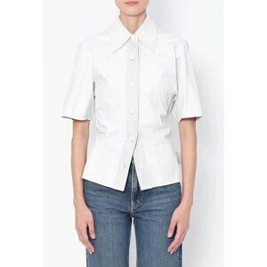 CELINE PHOEBE PHILO Light Gray White Lambskin Leather Tie Waist Shirt Top 36 / 4